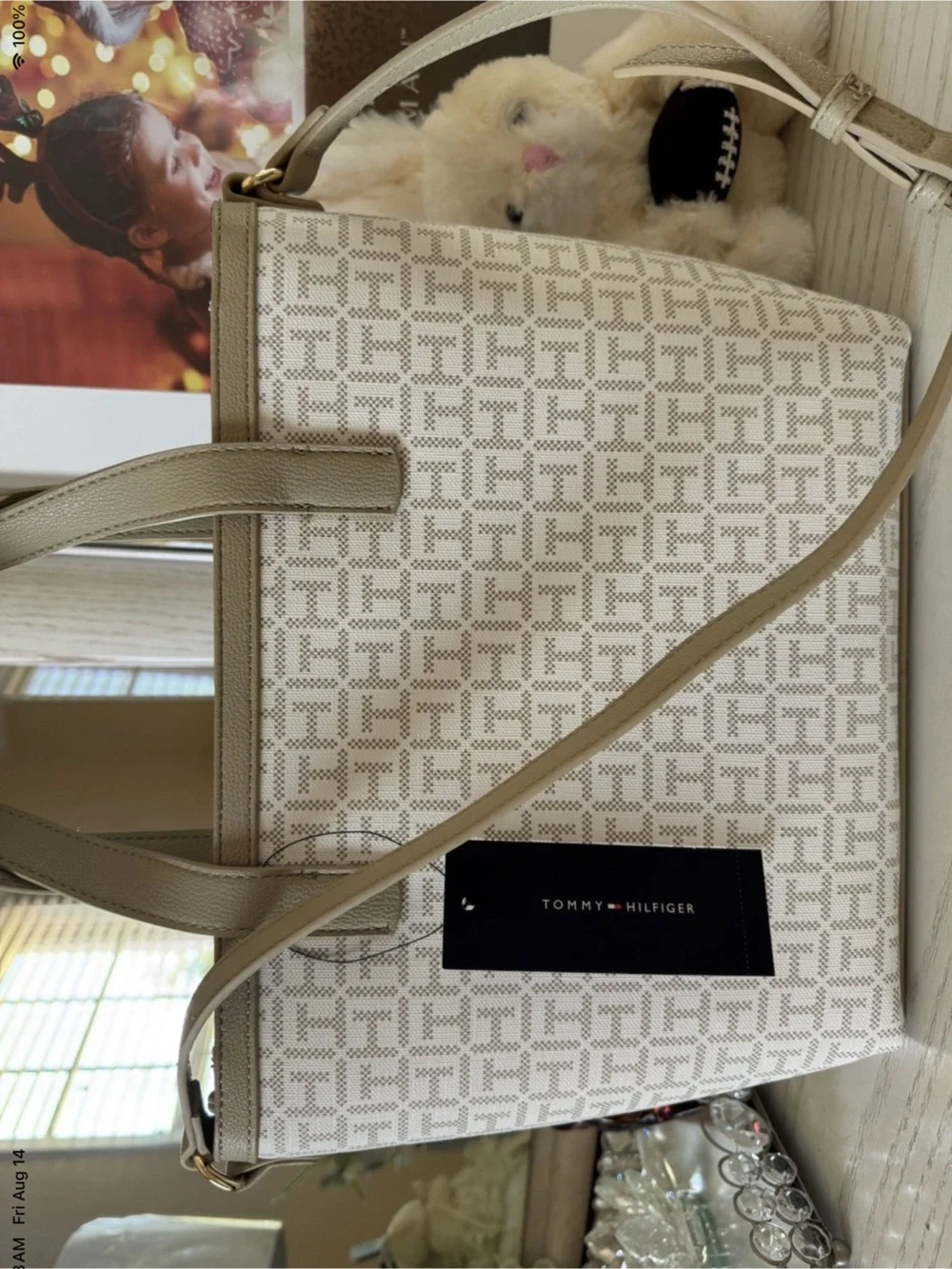 Tommy Holfiger Neutral Beige Patterned Tote Bag with Cream Stripe